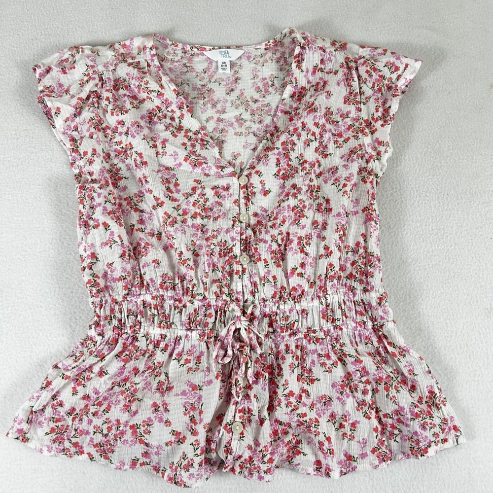 Peplum Flutter Top Womens XS Coral Peony Floral Cottagecore PioneeBlouse